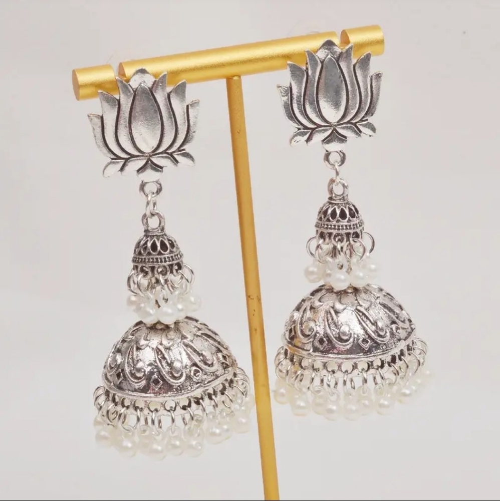 Antique silver white jhumka earrings under 30 dollars/ Pakistani Indian jewlery